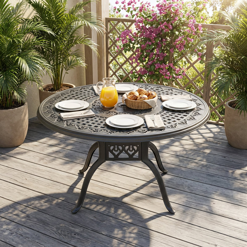 large round patio table with umbrella hole Phi Villa 54" Knitted Pattern Crafted from e Round Patio Set Outdoor Metal