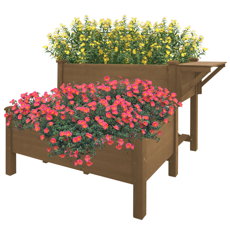 Pot à fleurs surélevé en bois à 2 niveaux avec tablette de rangement et table coulissante Behn