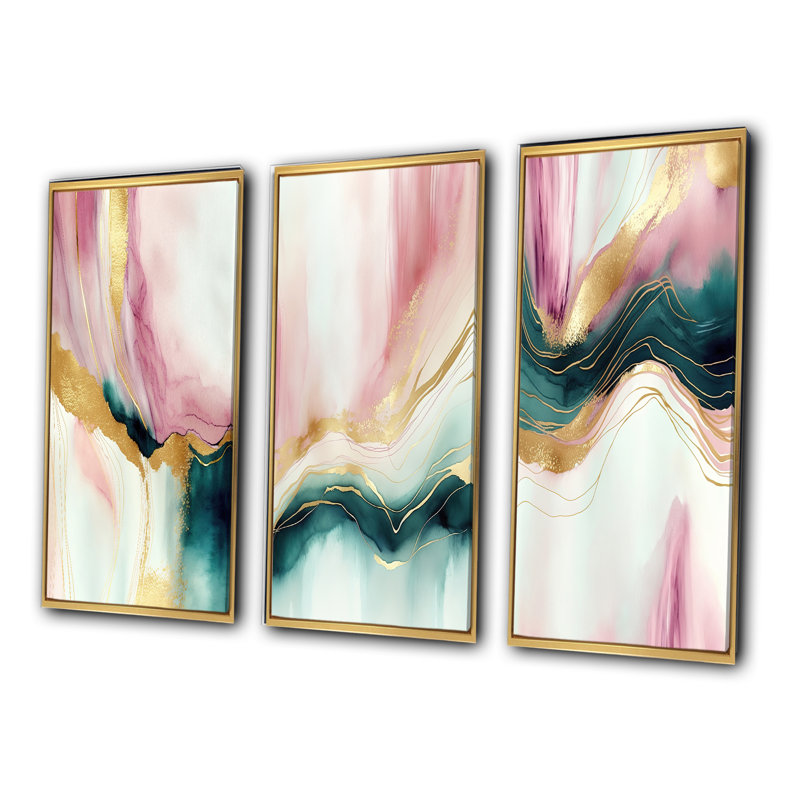 Ensemble d'art sur toile 3 pièces - Géode abstraite rose et marbre vert, Or, H 28 po x l 36 po
