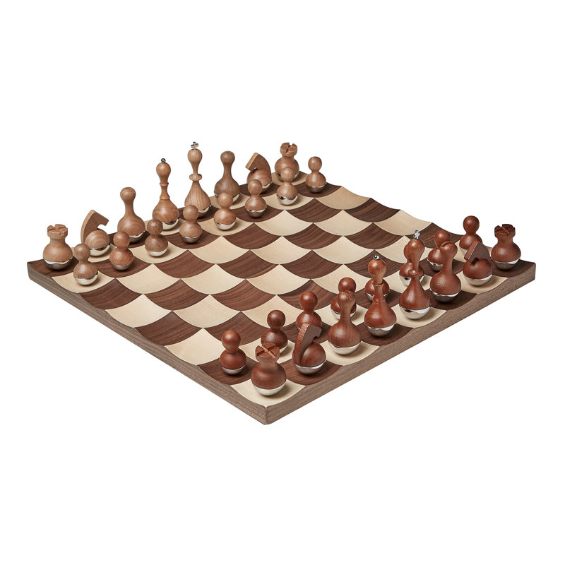 Modern Walnut and Maple Wobble Chess Set with Chrome Accents