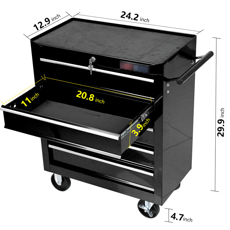Boîte à 5 outils avec serrure et mobilité à 4 roues pour atelier, rangement de garage noir à 5 tiroirs verrouillables, Noir