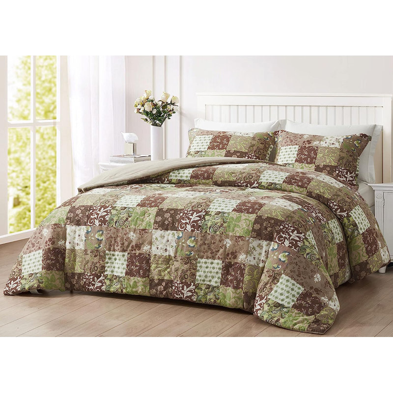 Boho Printed Patchwork Lightweight Washed Cotton Comforter Set , Brown/Taupe/Green/White, King Comforter
