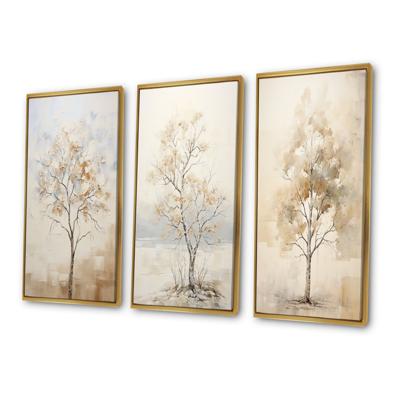 Minimalisme, arbre d'érable beige Melody - arbre érable, ensemble de 3 reproductions d'art sur toile, Cadre flottant doré