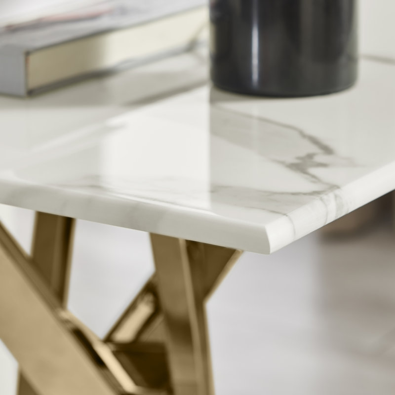 Atal Marble Effect Sofa Side Table - Glass Topped Metal Leg Small Table, Gold Chrome Metal, White Marble Effect