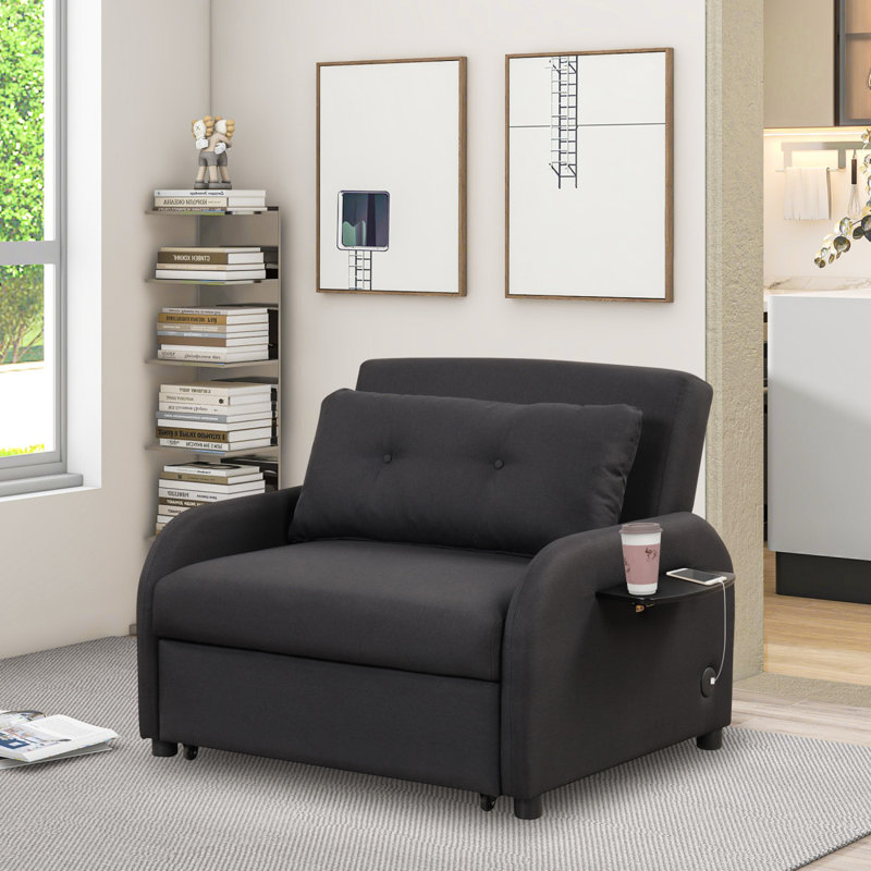 Canapé-lit escamotable 3 en 1 avec table à 2 oreilles et charge USB pour tissu en lin pour le salon, salle de jeux, noir