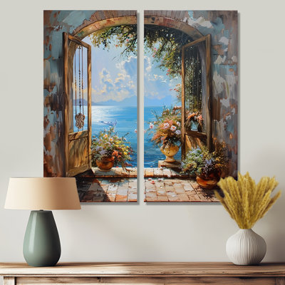 Fenêtre française vue sur l'horizon bleu méditerranéen - impressions sur toile bleu côtier