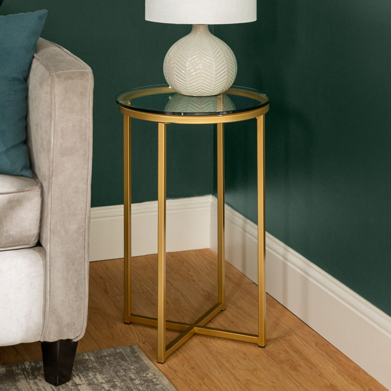 Leverette Glass Top Cross Legs End Table, Clear/Gold