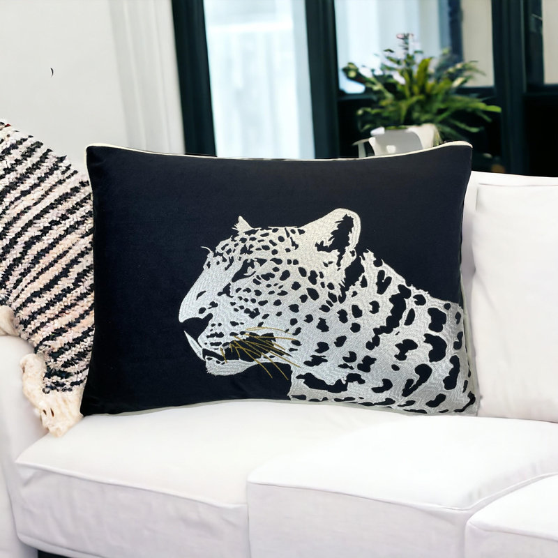 Velvet Leopard Lumbar Pillow Cover, Black/Silver
