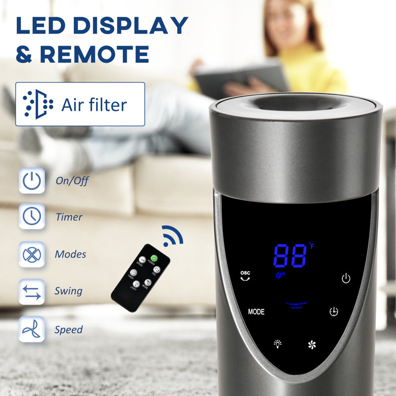 46" Tower Fan Cooling With Air Filter, Oscillating, 3 Speeds, 12H Timer, And Remote Control, For Bedroom, Grey