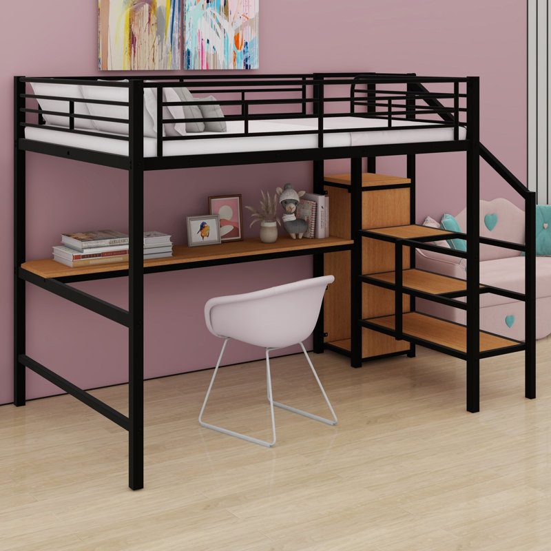 Structure de lit mezzanine en métal à DEL avec bureau, escalier de rangement et petite armoire, Black