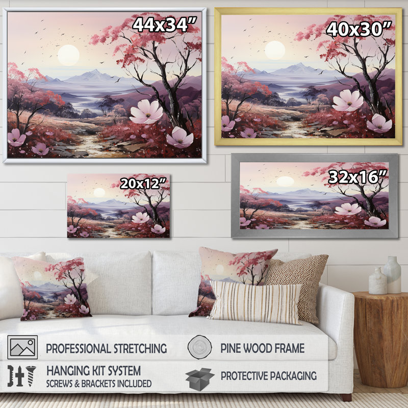 «Pink Trees Blooming In Mountain Charm I», reproduction sur toile, Cadre naturel flottant, H 24 po x l 32 po x P 1 po