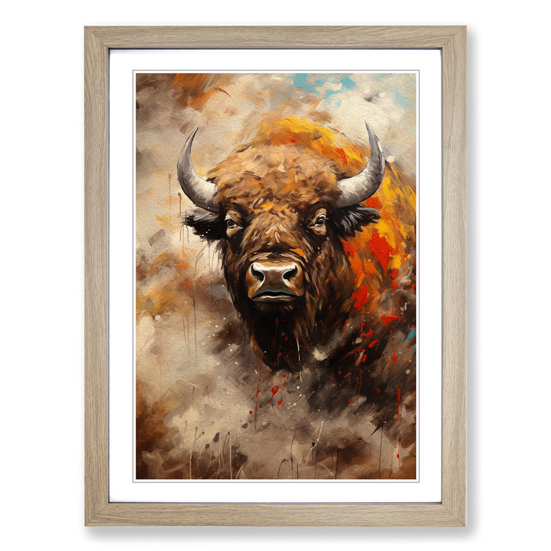 Bison Gestural Art - Framed Print, Oak Framed, 34cm H x 25cm W x 2cm D