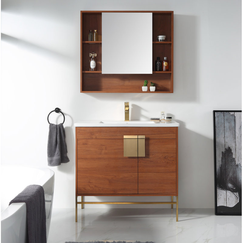 Ensemble de meuble-lavabo simple 36 po Maisie, Laiton satiné, Noyer épicé
