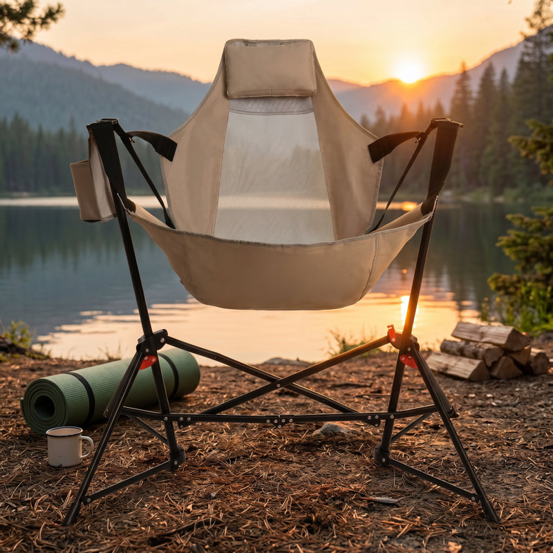 Hifine 38" W x 35" D x 42" H Steel Frame Khaki Folding Hammock Rocking Chair (Set of 2)