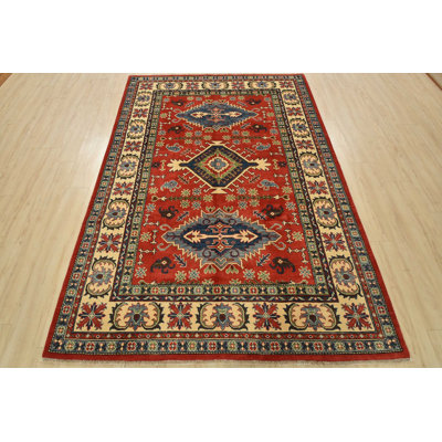 Tapis oriental rouge en laine noué à la main 6 pi 1 po x 8 pi 8 po Kazak