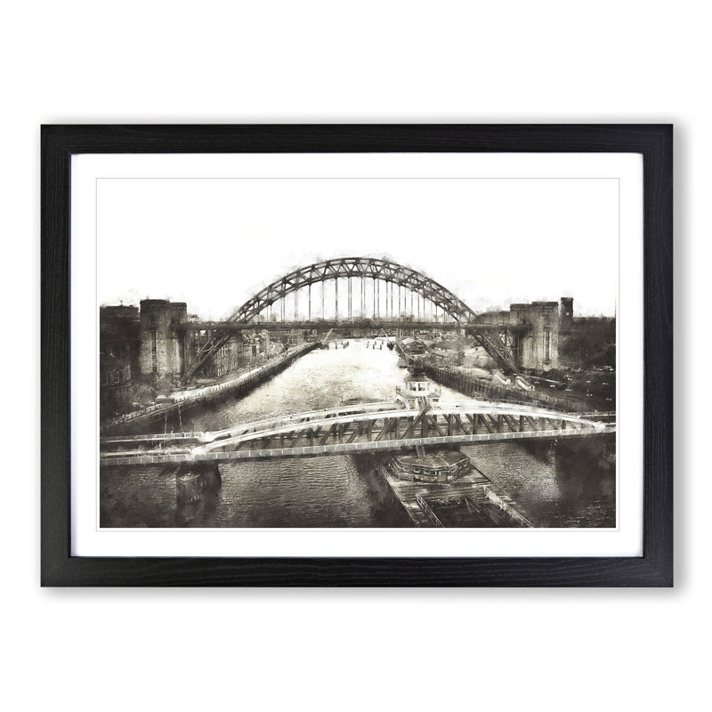 Tyne Bridge Linking Newcastle - Picture Frame Painting Print on MDF, 33cm H x 45cm W x 2cm D, Black Framed