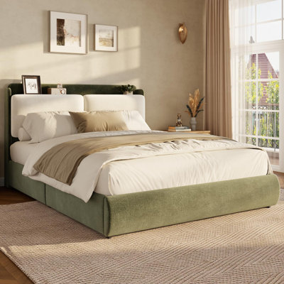 Full Upholstered Bed Frame with Shelf & Drawers- Green & Beige | Chenille Platform Bed with Built‑in Headboard Shelf for Phone & Books. Plush Sofa‑like Backrest, Rounded Soft Corners