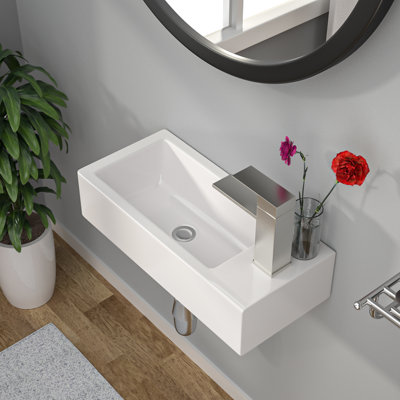 14.5" L x 7'' W Ceramic Wall-Mounted Bathroom Sink, Rectangular Small Vessel Sink with Right Faucet Hole, Compact Floating Vanity Basin for Bathroom Room