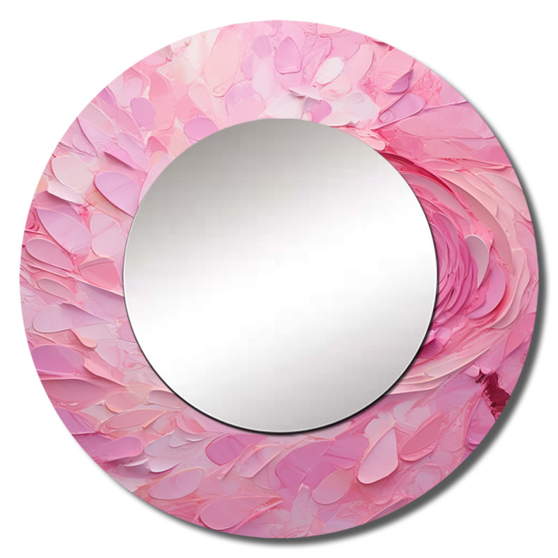«Pink Radiant Revolution Spiral I», miroir décoratif à spirales abstraites, miroir mural rond rose, impression sur métal