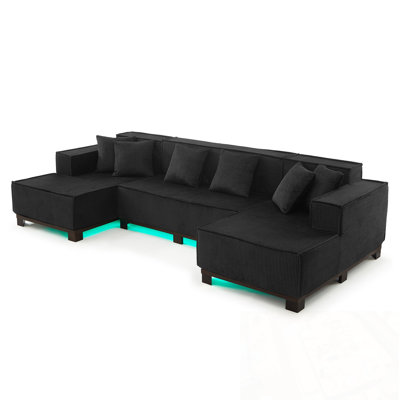 U-Shaped Sectional Sofa with RGB LED Light Strip and 6 Pillows