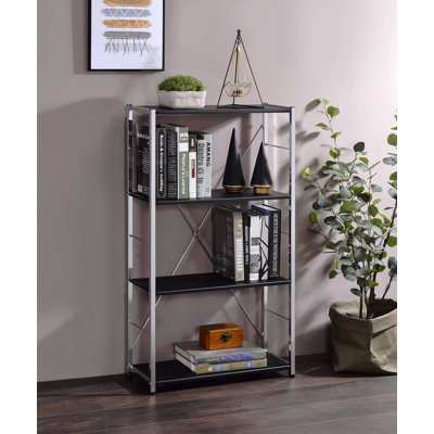 Bookshelf 4-Tier Modern Rectangular Bookshelf: Chrome Metal Frame with X-Shape Cross Bar
