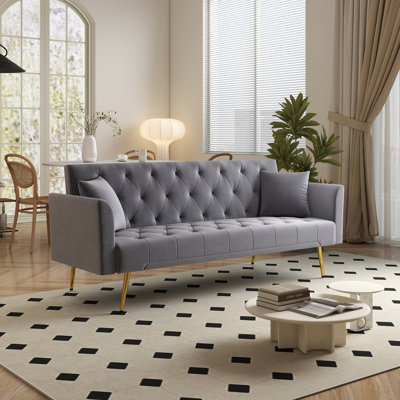 Modern Convertible 72 Inch Foldable Sleeper Sofa With Tufted Design, American Retro Style, Beige Velvet, Ideal For Small Spaces And Versatile Use