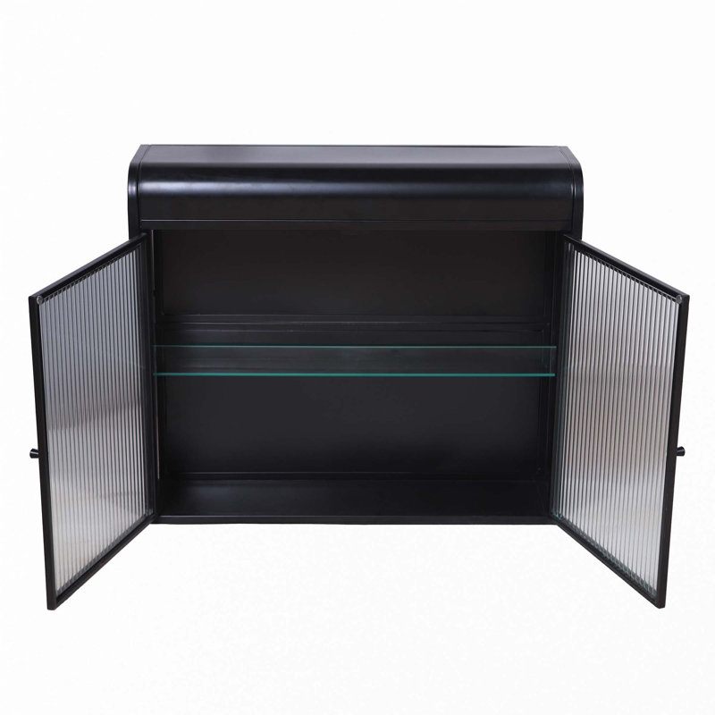 2-Door Wall-Mounted Metal Storage Cabinet With Tempered Glass Doors & Shelves, Black