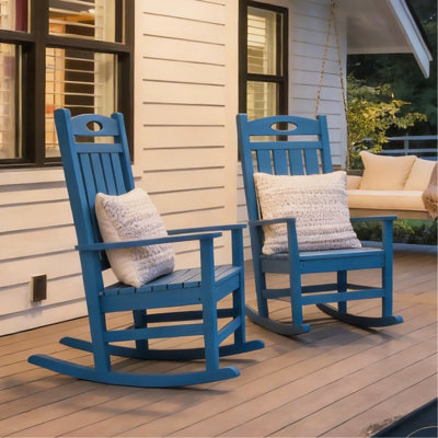 Ensemble de chaises berçantes d'extérieur pour 2 personnes, chaise berçante de patio en PEHD pour adultes, chaise berçante d'extérieur surdimensionnée pour pelouse, bleu