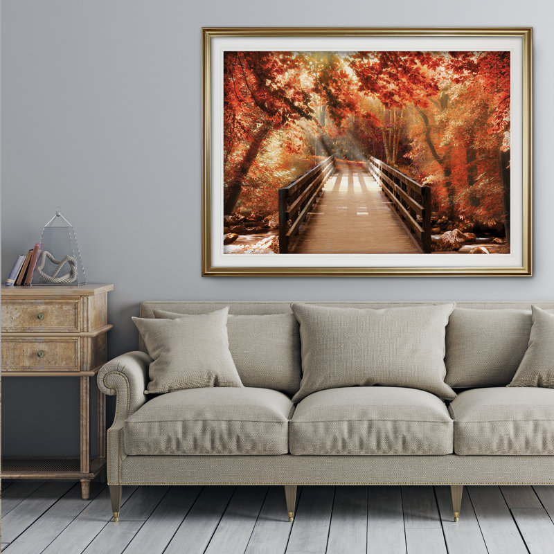 Arenda «Autumn Bridge», reproduction de photo sur toile, Impression encadrée, H 20 po x l 24 po, Doré