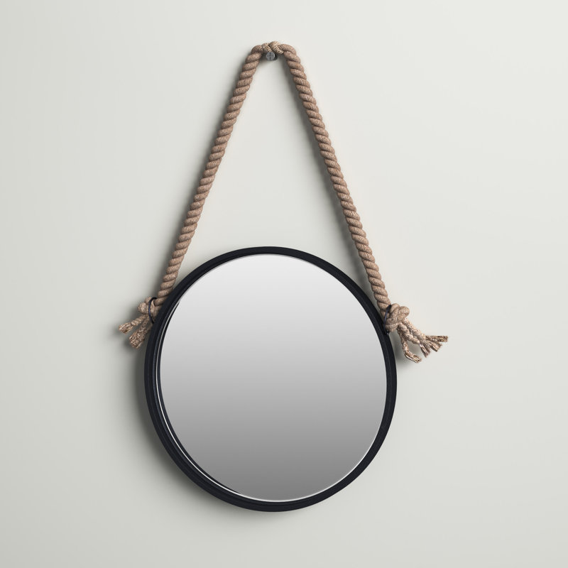 Parowan Dark Brown Iron Framed Round Accent Mirror with Hanging Rope, 25.5" x 14.62"