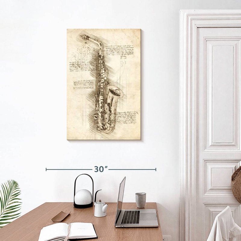 Schéma du vieux saxophone Abarca, H 30 po x l 20 po