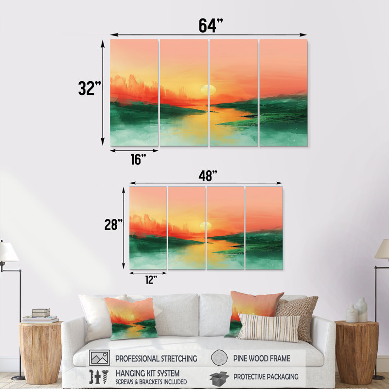 «Green», rouge, magique, coucher de soleil, lac, ensemble d'art mural sur toile, H 28 po x l 48 po