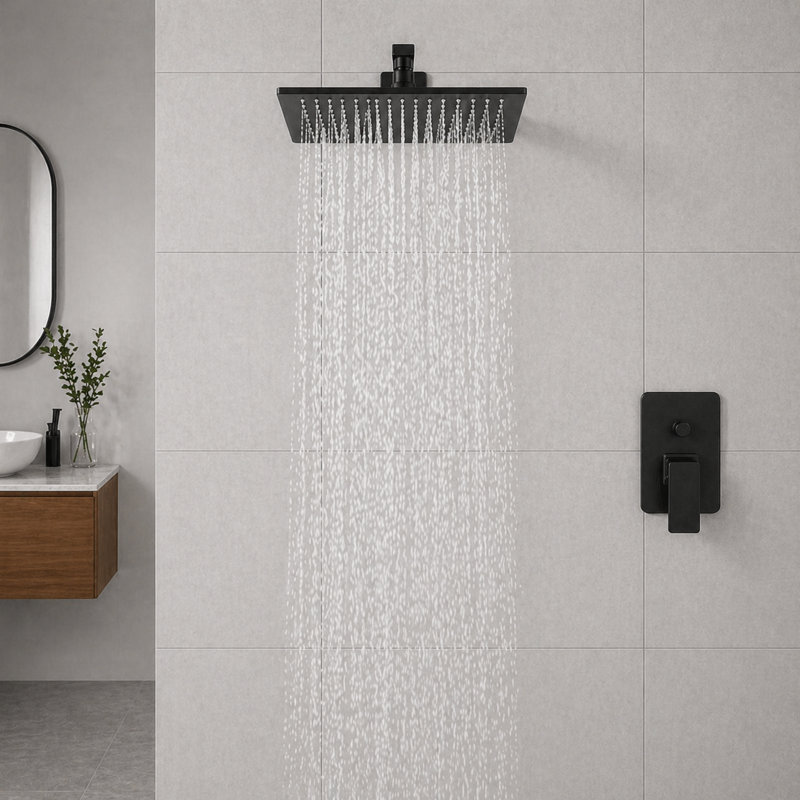 Douche de pluie à DEL noire avec fixation murale et mélangeur Rivera