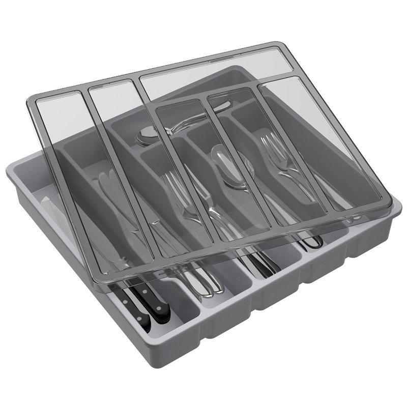 Cutlery Tray With Lid, Cutlery Storage Box For Kitchen Drawer And Countertop, Plastic Cutlery Drawer Organiser For Spoons Forks Knives Holder Storage Insert, 6 Compartments, Black