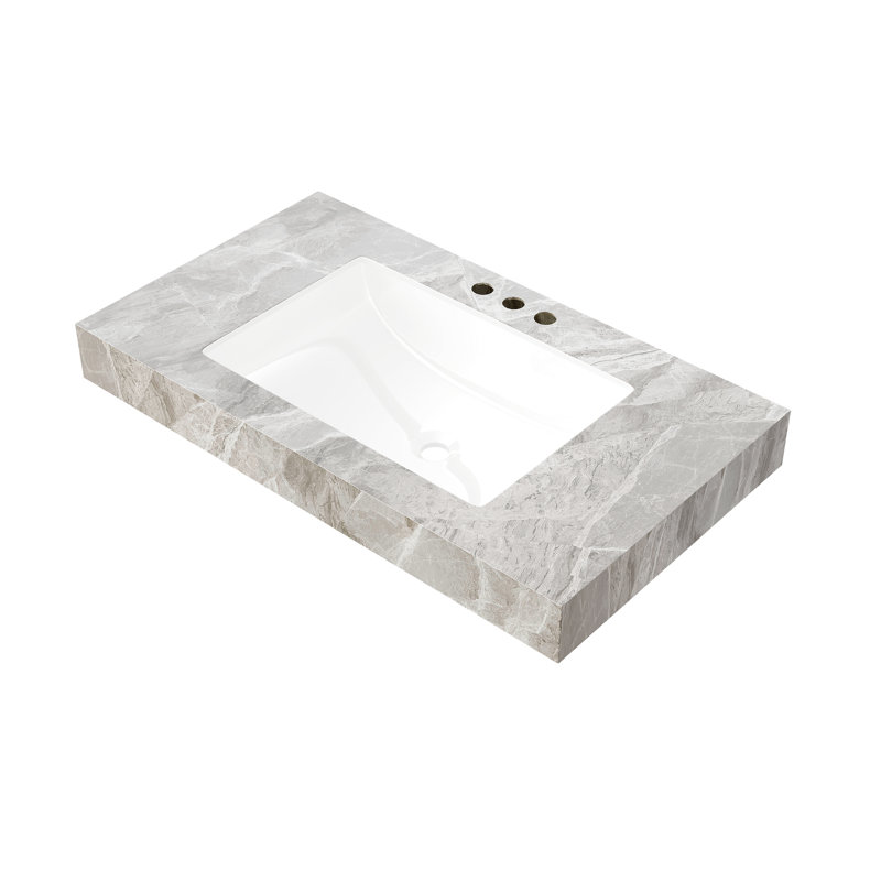 Comptoir en pierre frittée de 91 cm (36 po), gris, avec lavabo encastré en céramique, trois trous pour robinetterie standard, sans armoire, bonne résistance au feu