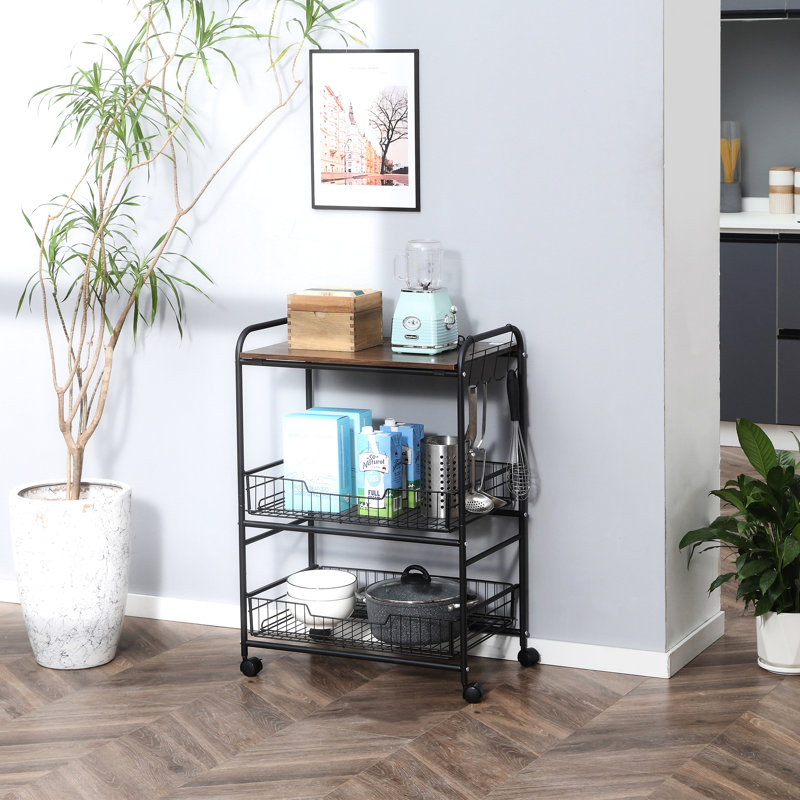 Chariot de cuisine en noyer à 3 niveaux avec 2 crochets coulissants et latéraux, compact pour un rangement efficace