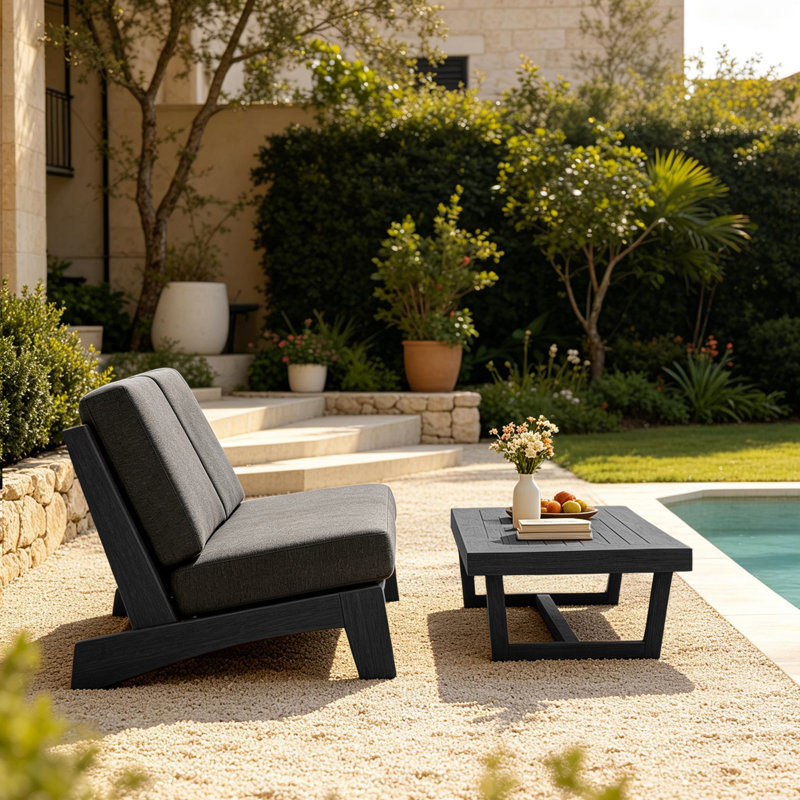 Ensemble de conversation Polett, 2 pièces: table, causeuse, Gris foncé, Black