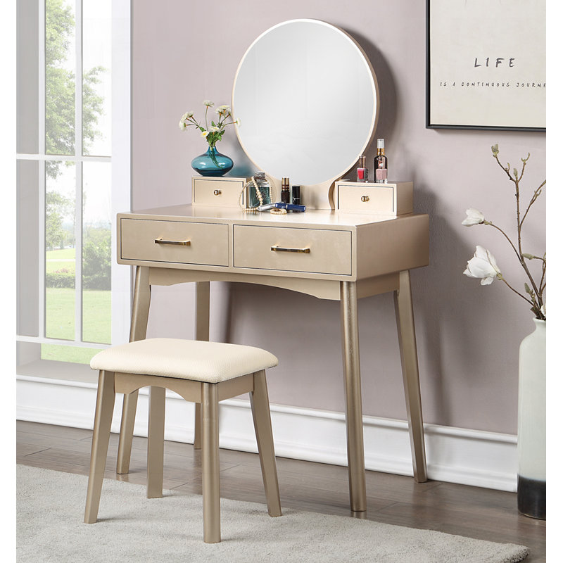Contemporary Wood Vanity and Stool Set, Gold