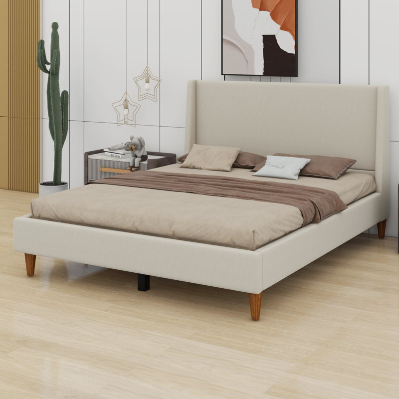 Modern Upholstered Platform Bed With Wingback Headboard And Wooden Legs, Queen, Beige