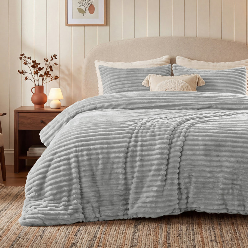Ensembles d'édredon pour grand lit - 3 pièces de literie en molleton gris clair moelleux, esthétique rayée confortable pour les chambres modernes et les chambres d'amis, décoration intérieure de luxe toutes saisons