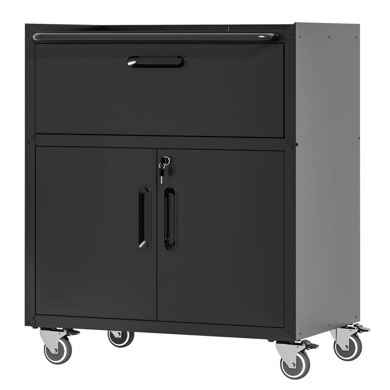 Armoire à outils en métal avec roulettes, armoire de rangement avec 1 tiroir et 2 portes verrouillables, armoire de rangement pour outils roulante