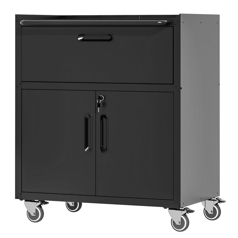 Metal Tool Cabinet With Wheels, Storage Cabinet With 1 Drawer And 2 Locking Doors, Rolling Tool Storage Cabinet