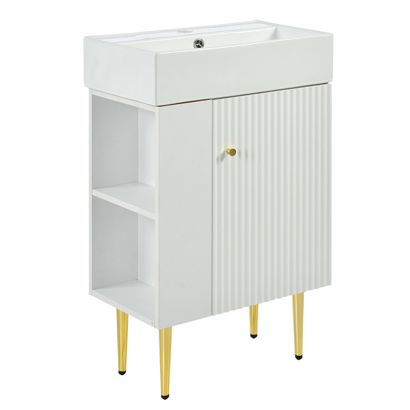 Meuble-lavabo de salle de bain avec vasque en céramique et lavabo simple en bois massif blanc