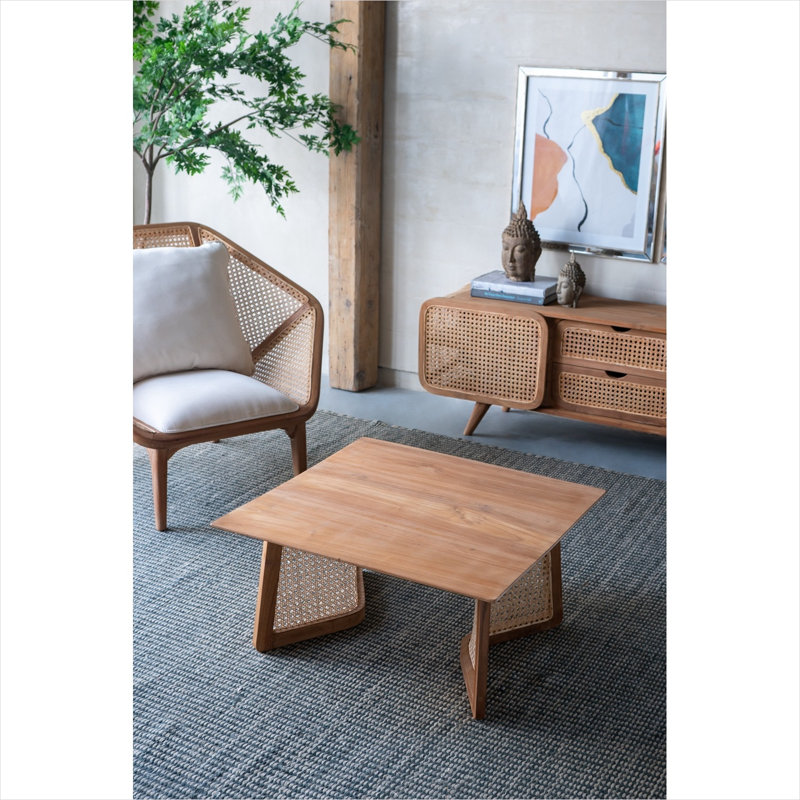 Table basse de salon en brun classique avec plateau en bois naturel, teck massif et rotin carré de 27,6 po