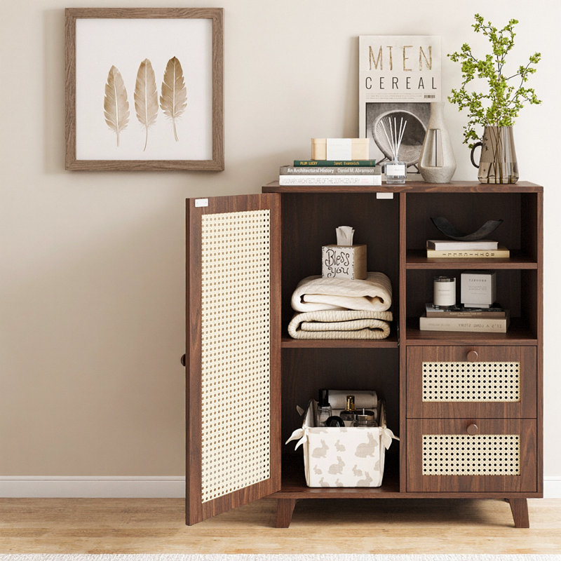 Rattan Buffet Cabinet With Drawers And Adjustable Shelf, Sideboard Storage Cabinet, Walnut
