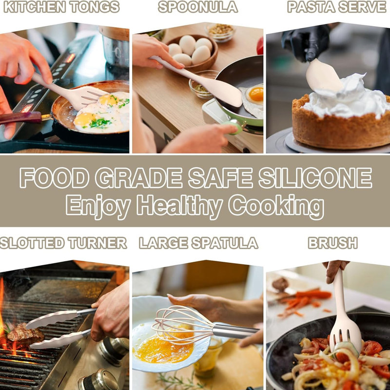 Ensemble 22 pièces d'ustensiles de cuisine en silicone, kaki