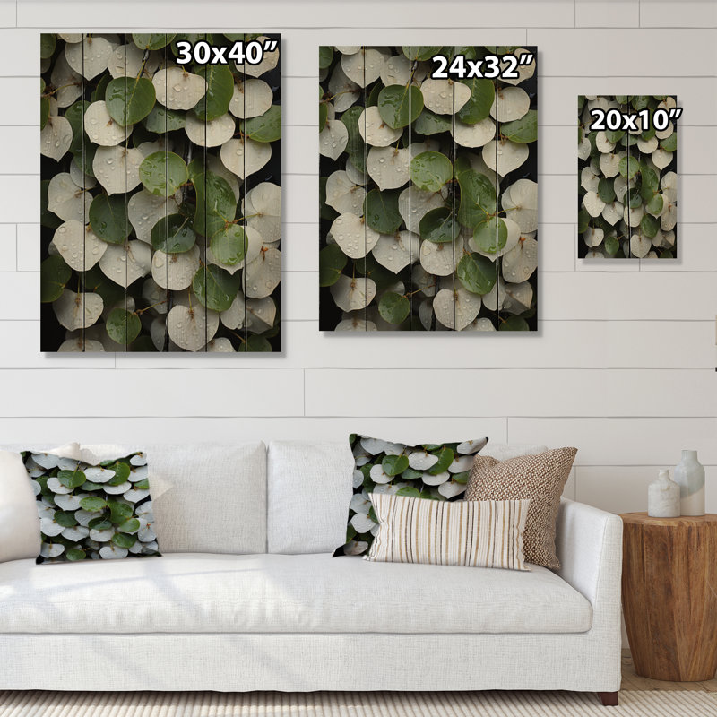 Feuilles vertes et blanches, collage sur bois naturel, H 40 po x l 30 po x P 0,78 po