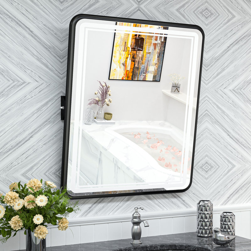 Demetrion Rectangle Lighted Pivot Bathroom Vanity Mirror with Anti-fog and 3 Adjustable Color, 26" x 22", Matte Black
