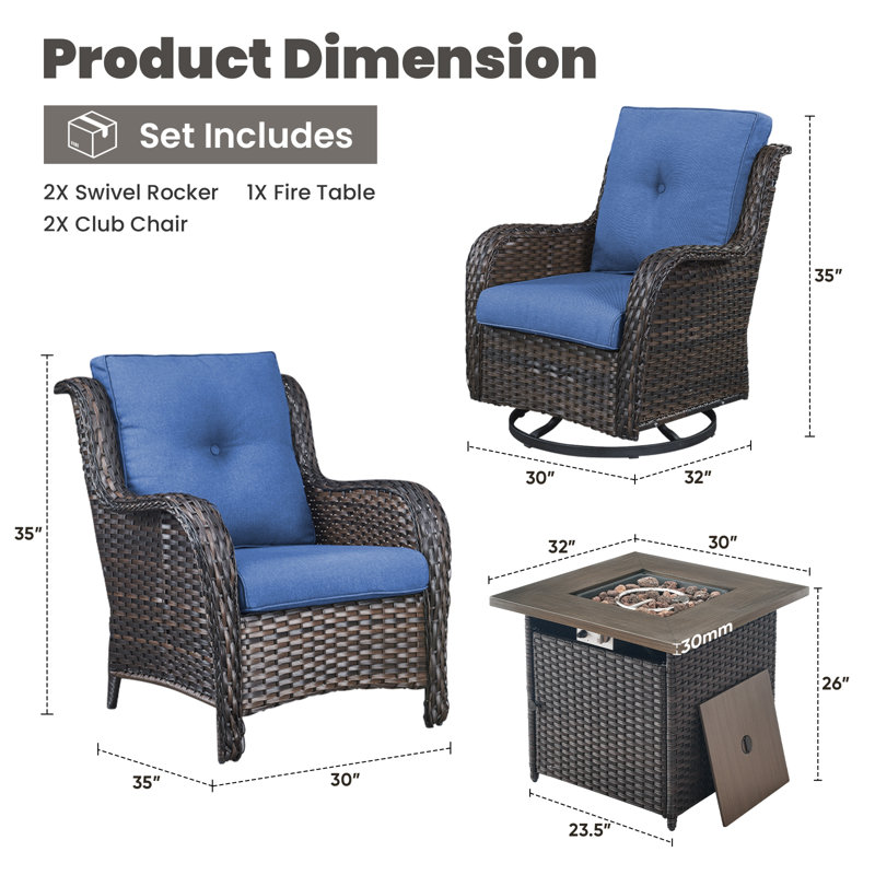 Bonia Outdoor 5-Pieces PE Wicker Patio Conversation Set With Fire pit and 4 Wicker Chairs with Cushions, Brown, Blue