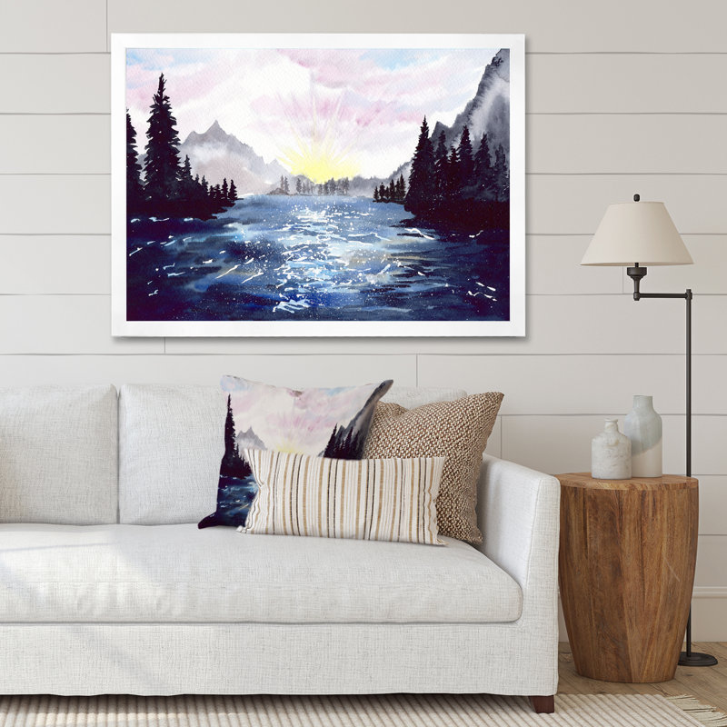 Paysage de montagne avec forêt de grands sapins - peinture sur toile, H 24 po x l 32 po, Cadre de coin blanc fermé